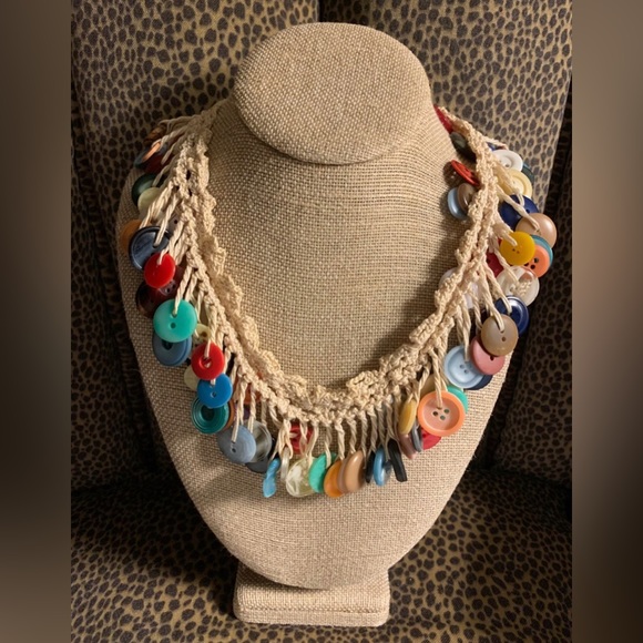 #J900 - VTG Crochet & Multi-Color Button Cha-Cha Granny Core Chic Necklace, 26” - Picture 1 of 4